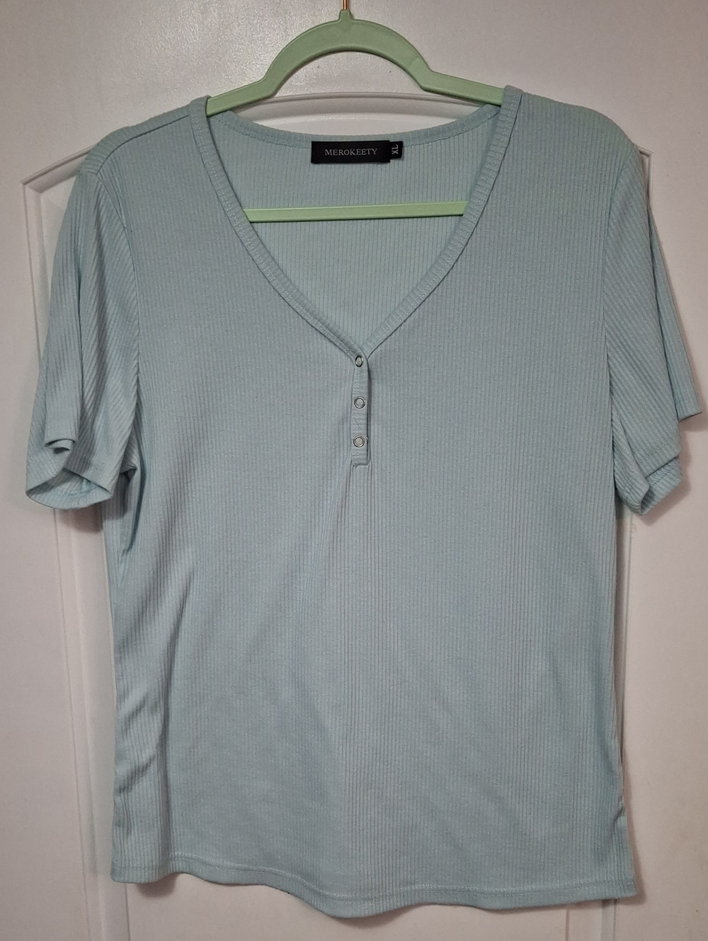 Women's Ribbed V-Neck Short Sleeve Top - Light Blue